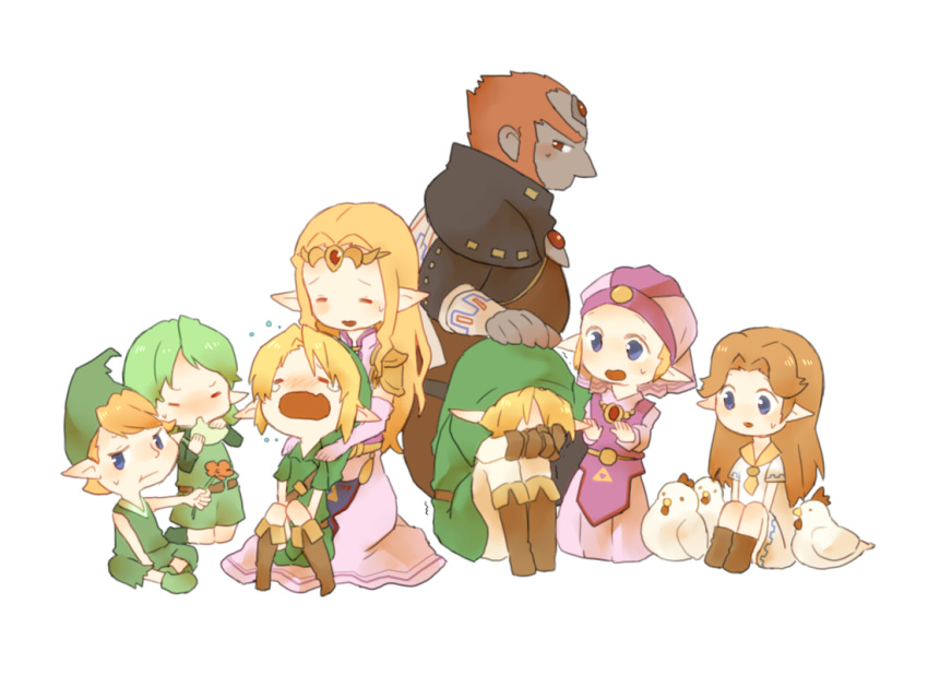 3boys, 4girls, bird, blonde_hair, blue_eyes, boots, brown_boots, brown_hair