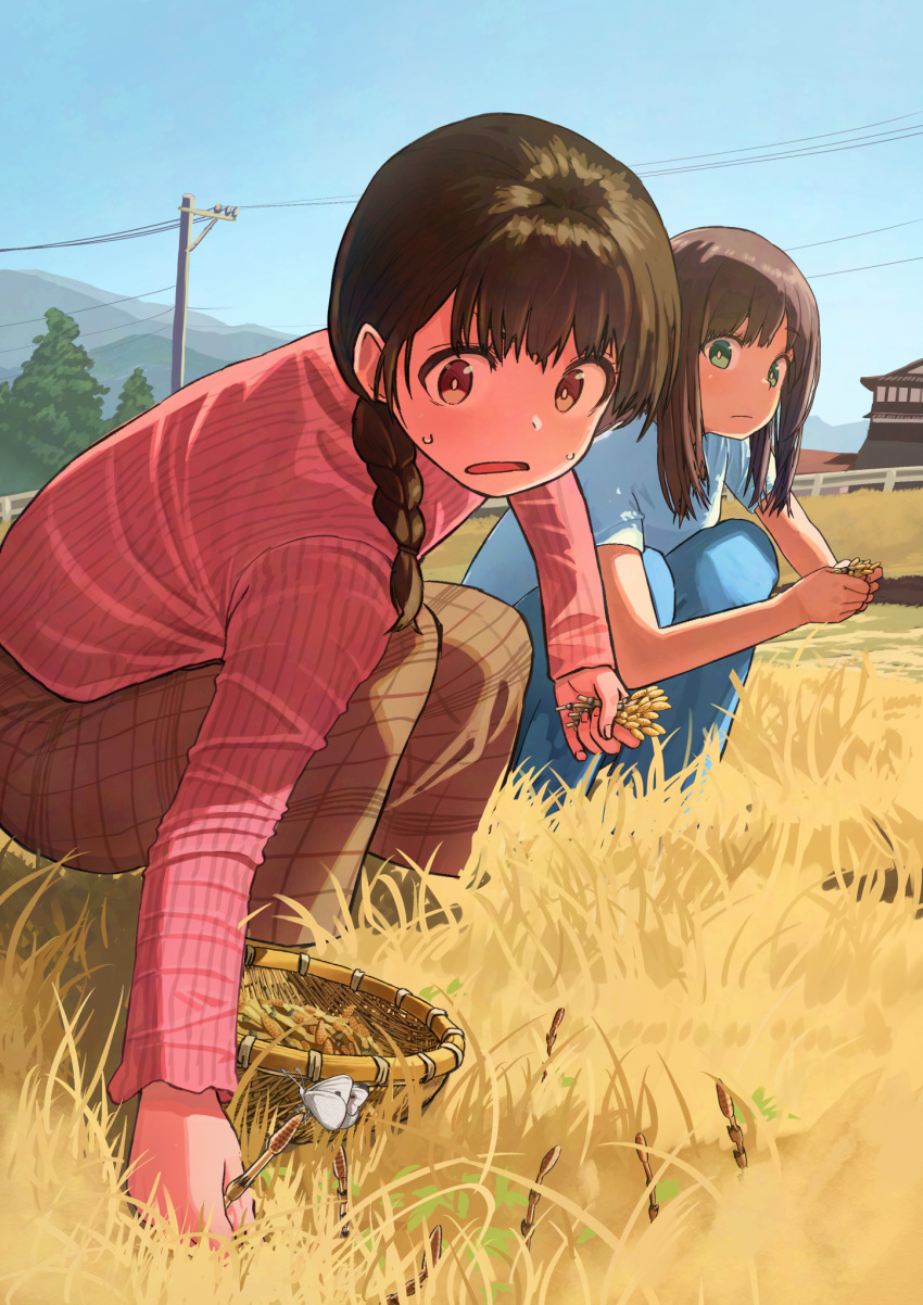2girls, basket, blue_pants, blue_shirt, blue_sky, braid, braided_ponytail, bright_pupils