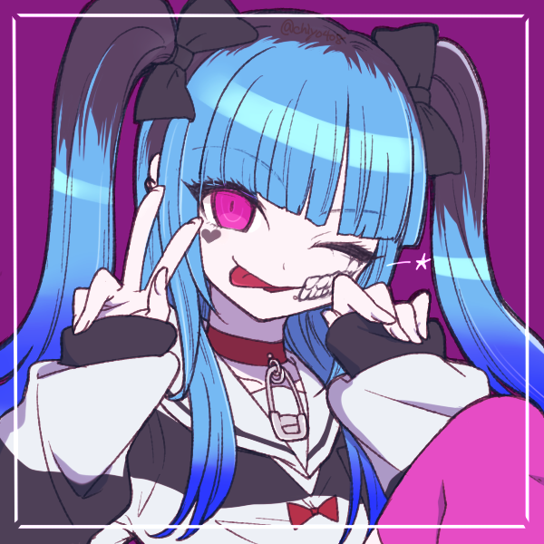 1girl, :p, amemiya_darumi, black_bow, black_hair, blue_hair, bow, chiyo408