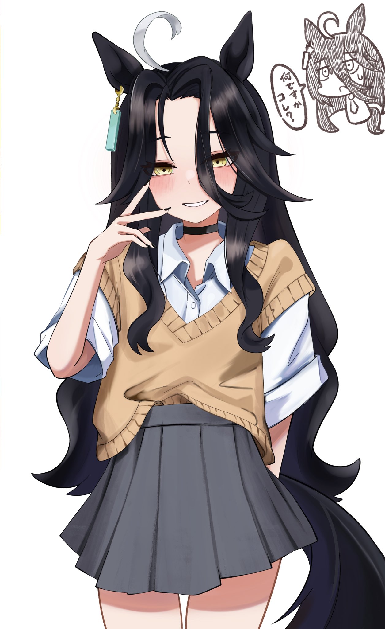 1girl, arm_behind_back, black_choker, black_hair, black_nails, blush, book-16key, chibi, chibi_inset, chibi_only, choker, collared_shirt, ear_tag, earrings, gyaru, hair_between_eyes, hair_intakes, hand_up, highres, jewelry, long_hair, long_hair_between_eyes, looking_at_viewer, manhattan_cafe_(umamusume), multicolored_hair, nail_polish, parted_lips, pleated_skirt, shirt, short-sleeved_sweater, short_sleeves, simple_background, single_earring, skirt, sleeves_rolled_up, smile, solo, speech_bubble, sweatdrop, sweater, sweater_partially_tucked_in, translation_request, umamusume, v, very_long_hair, wavy_hair, white_hair, white_shirt, yellow_sweater