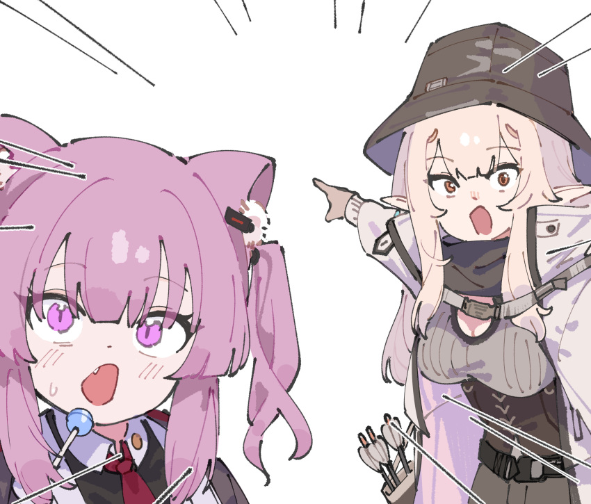 2girls, animal_ears, arrow_(projectile), belt, black_belt, black_hat, blonde_hair, breasts