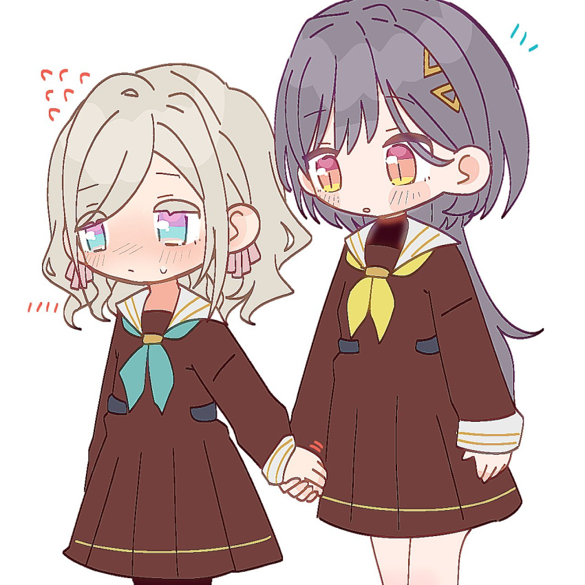 2girls, aqua_neckerchief, black_pantyhose, blue_eyes, blush, brown_dress, ceras_yanagida_lilienfeld, closed_mouth