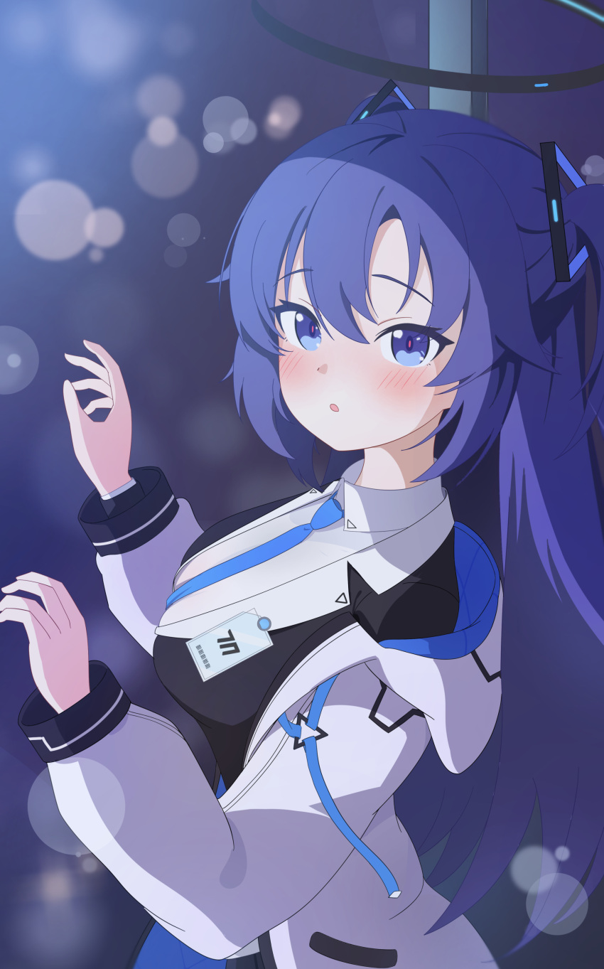 1girl, absurdres, black_halo, black_jacket, blue_archive, blue_necktie, blurry, blush