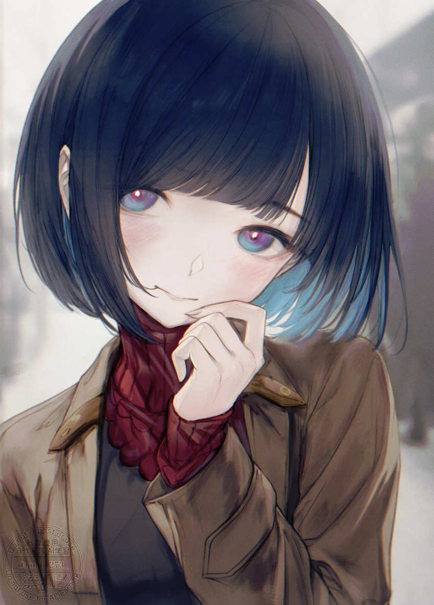 1girl, absurdres, black_hair, blue_eyes, blue_hair, blunt_bangs, blurry, blurry_background