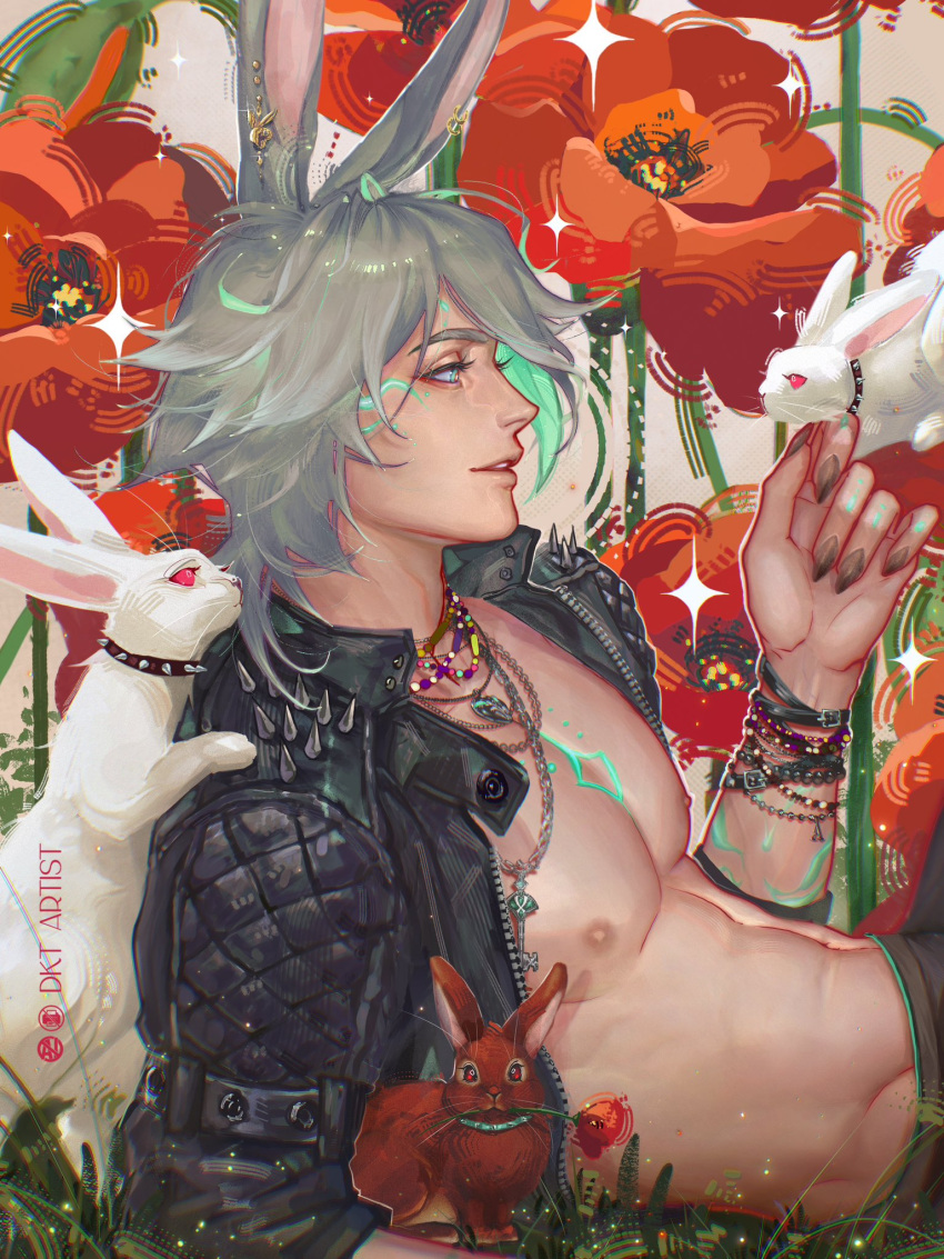 1boy, alhaitham_(genshin_impact), arm_tattoo, artistdkt, black_jacket, black_nails, chest_tattoo, easter