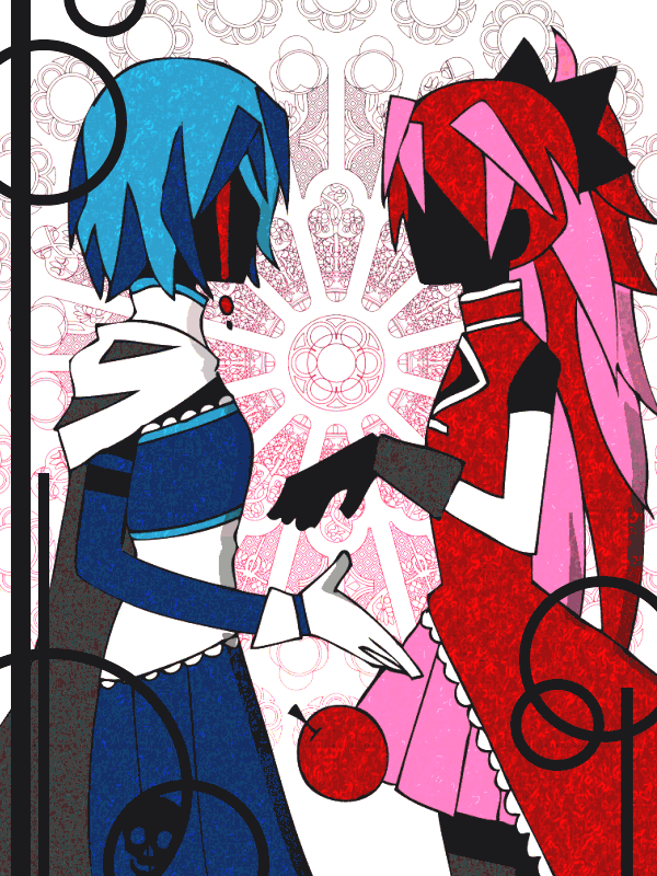 apple, blood, bloody_tears, blue_hair, cape, dealca, detached_sleeves, food