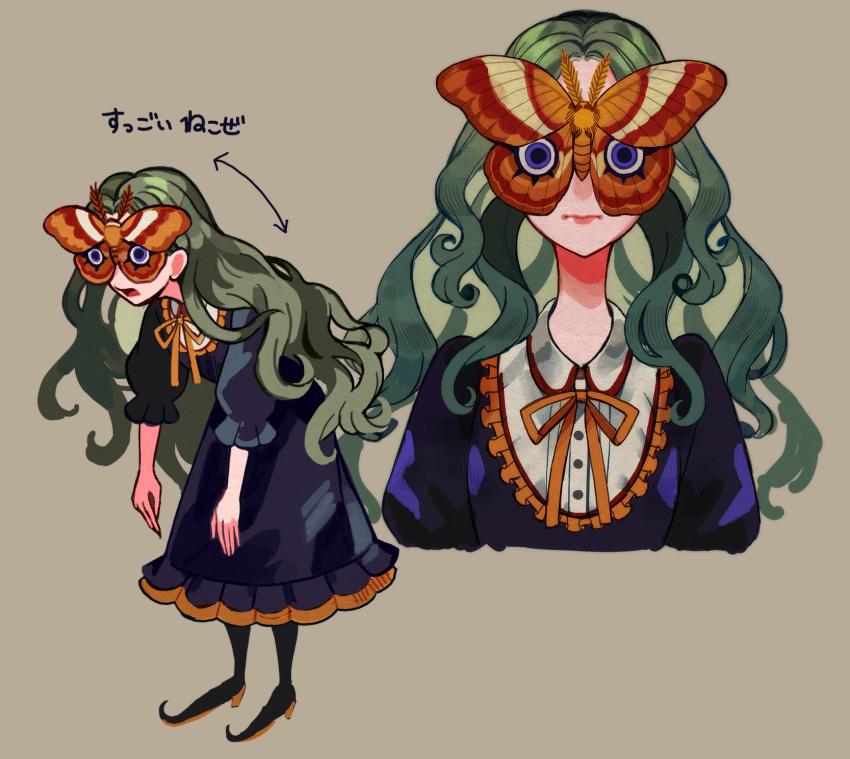 1girl, antennae, bug, curly_hair, dress, frills, green_hair, grey_background
