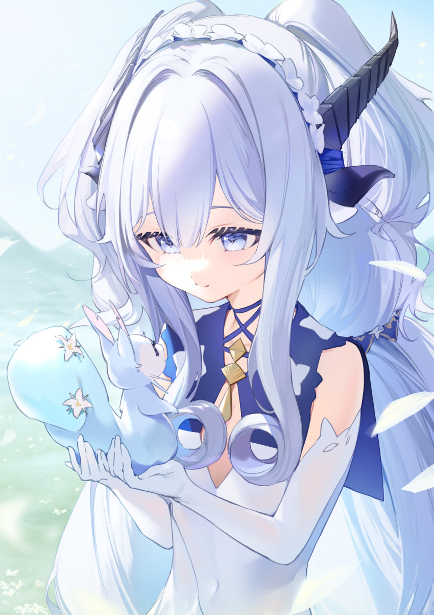 1girl, abby_(azur_promilia), amana_(pocketkey), animal, azur_promilia, black_horns, blue_dress, blue_eyes, dragon_horns, dress, elbow_gloves, falling_petals, flower, gloves, hair_flower, hair_ornament, headband, highres, holding, holding_animal, horns, light_smile, long_hair, looking_at_animal, petals, petite, solo, squirrel, two-tone_dress, upper_body, very_long_hair, white_dress, white_gloves, white_hair