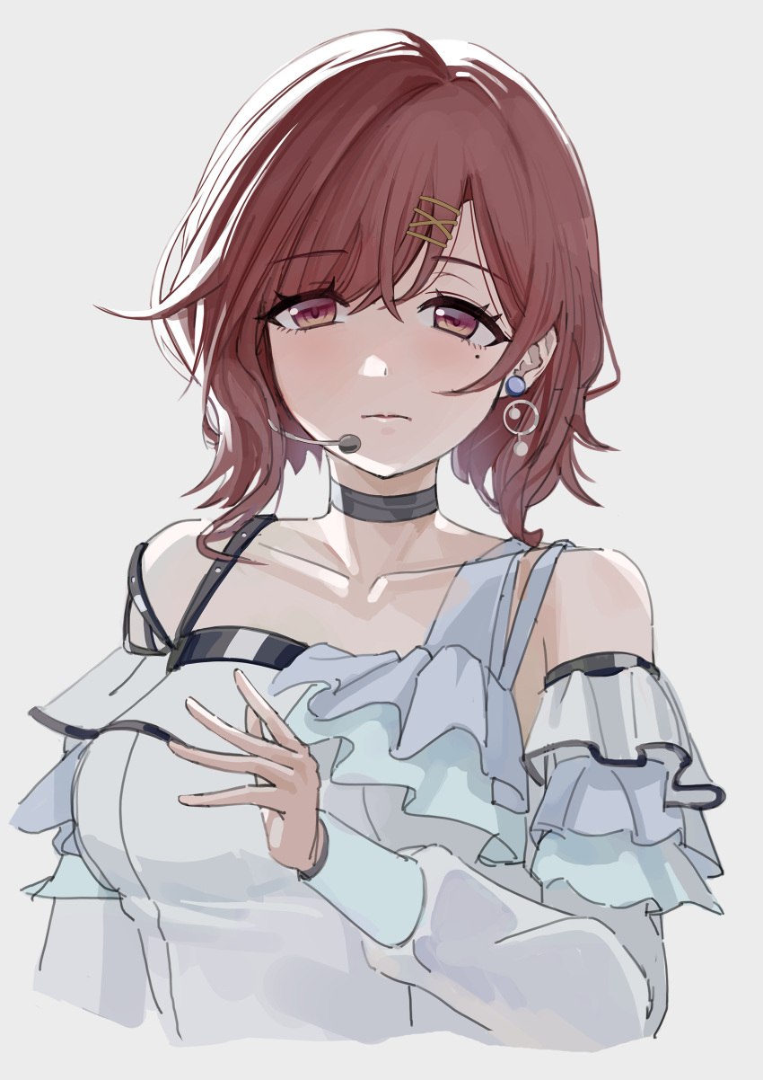 1girl, absurdres, black_choker, blush, brown_hair, choker, collarbone, cropped_torso