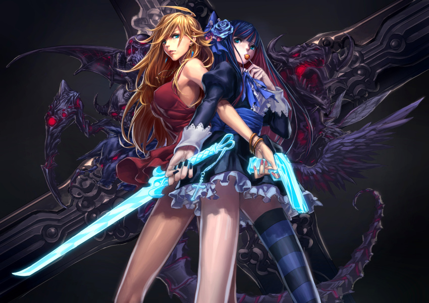 ahoge, back_lace, black_hair, blonde_hair, blue_eyes, blue_hair, candy, demon