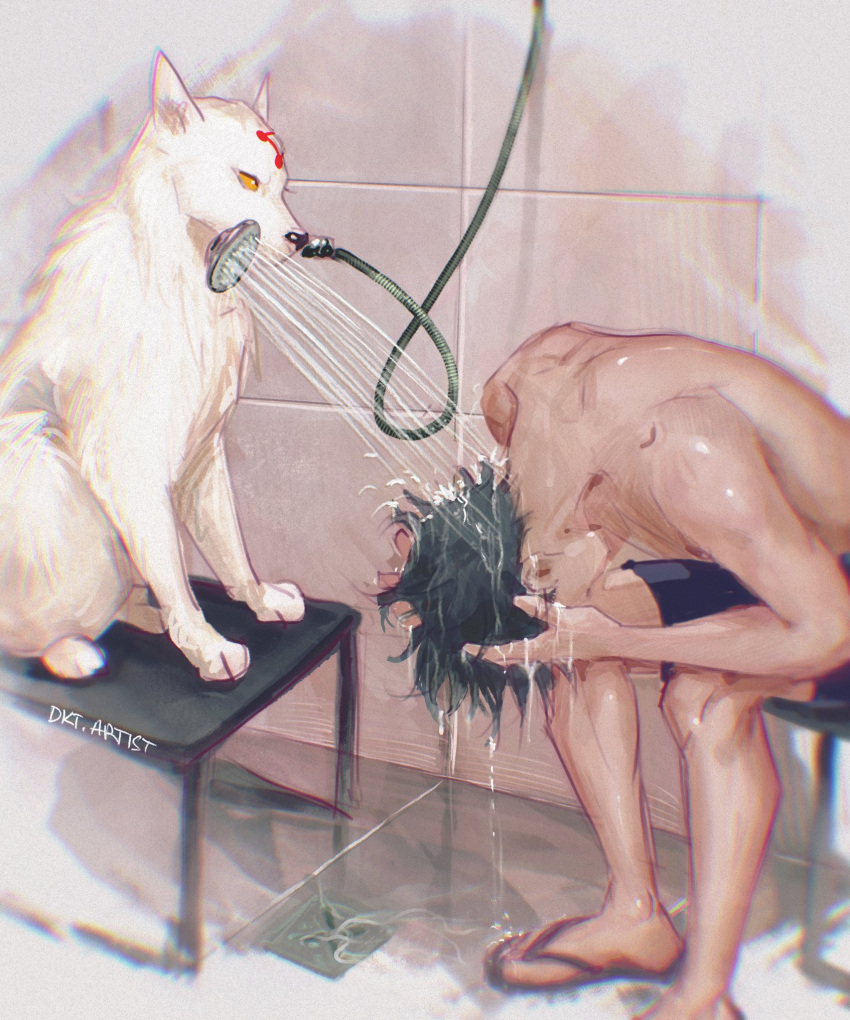 1boy, artistdkt, dog, flip-flops, fushiguro_megumi, gyokuken, head_down, highres
