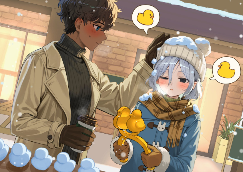 2boys, bags_under_eyes, beanie, black_eyes, black_hair, blue_eyes, blush, building, coat, cup, curly_hair, dark-skinned_male, dark_skin, disposable_coffee_cup, disposable_cup, dungeon_meshi, elf, gloves, grey_hair, hat, highres, holding, holding_cup, kabru, lazy_eye, long_sleeves, male_focus, mayomayoland, mithrun, multiple_boys, notched_ear, open_mouth, outdoors, pointy_ears, pom_pom_(clothes), pom_pom_beanie, scarf, short_hair, smile, snow_duck, snow_on_clothes, snow_on_headwear, snowing, speech_bubble, sweatdrop, sweater, turtleneck, turtleneck_sweater, uneven_eyes, winter, winter_clothes