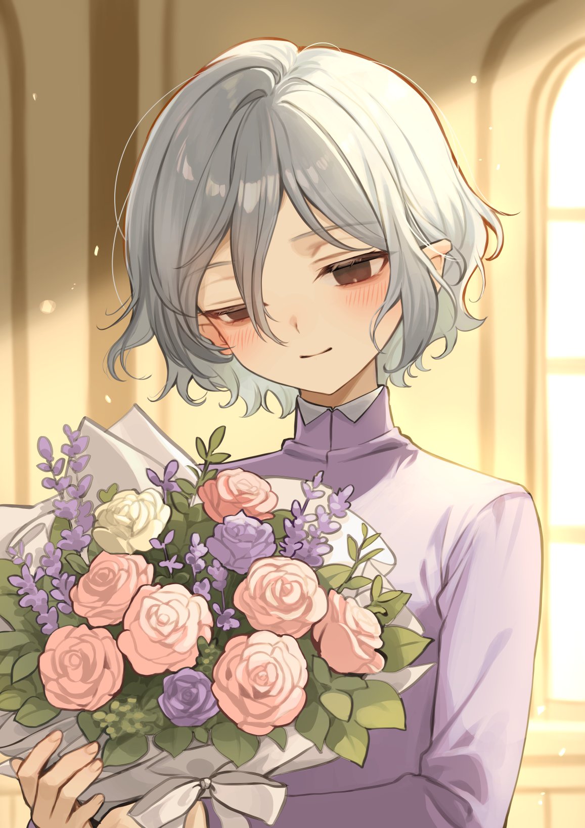 1boy, bags_under_eyes, black_eyes, blush, bouquet, dungeon_meshi, elf, grey_hair, highres, holding, holding_bouquet, lazy_eye, long_sleeves, male_focus, mayomayoland, mithrun, notched_ear, pointy_ears, shirt, short_hair, smile, solo, uneven_eyes, upper_body, wavy_hair, window