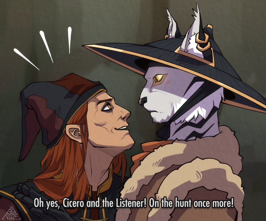 2boys, alanide, animal_ear_piercing, animal_ears, black_hat, cicero_(skyrim), english_text, from_side, furry, furry_male, hat, highres, jester_cap, khajiit, looking_at_another, multiple_boys, orange_hair, red_hat, subtitled, the_elder_scrolls, the_elder_scrolls_v:_skyrim, two-tone_hat, upper_body, white_fur
