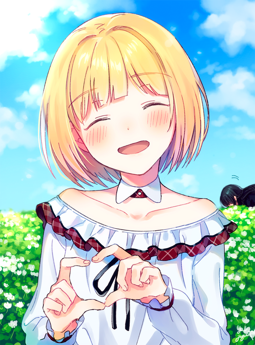 1boy, 1girl, :d, ^_^, androgynous, artist_name, black_ribbon, blonde_hair