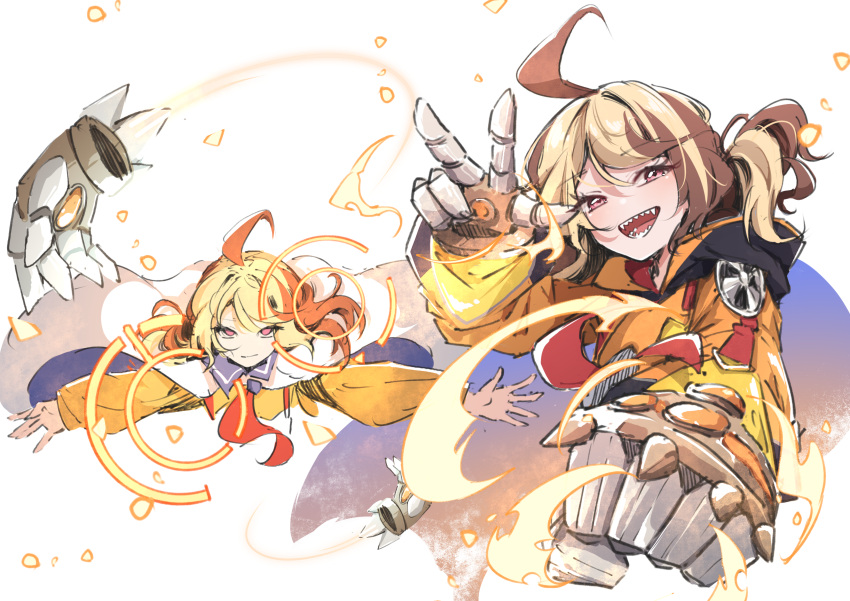1girl, absurdres, ahoge, airenif, blonde_hair, cape, english_commentary, gauntlets