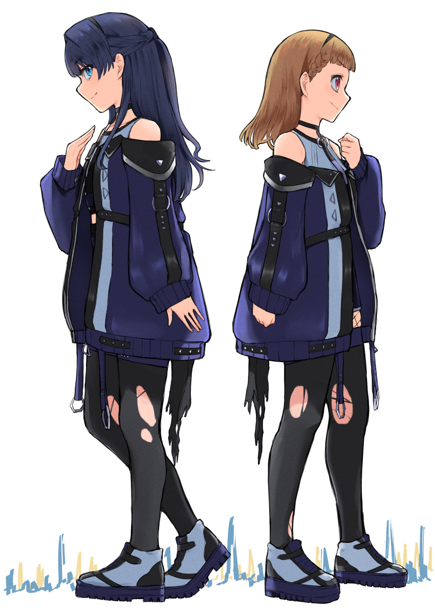 2girls, absurdres, ampere_(love_live!), bare_shoulders, black_shirt, blue_coat, blue_eyes, blue_hair, blunt_bangs, braid, brown_hair, clenched_hands, closed_mouth, coat, commentary, full_body, half_updo, highres, kachimachi_kosuzu, link!_like!_love_live!, long_sleeves, love_live!, mendo_(mend0o0_), multiple_girls, murano_sayaka, off-shoulder_coat, off_shoulder, official_alternate_costume, open_hand, pantyhose, profile, red_eyes, shirt, shoes, side_braids, sideways_mouth, simple_background, sleeveless, sleeveless_shirt, sleeves_past_wrists, smile, split_mouth, standing, torn_clothes, torn_pantyhose, v-shaped_eyebrows, virtual_youtuber, white_background, white_shirt, white_shoes