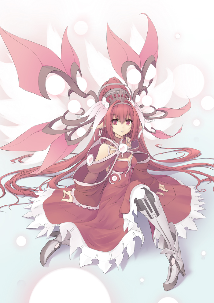 armor, bare_shoulders, boots, dress, earrings, elf_ears, female, garuku