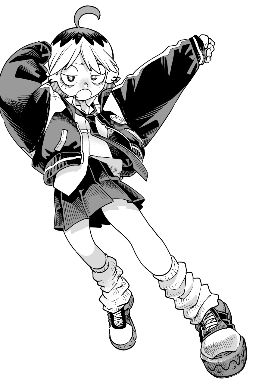 1girl, absurdres, ahoge, collared_shirt, full_body, gavucchi, greyscale, highres