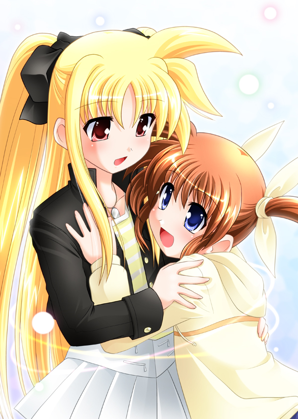 blue_eyes, brown_hair, fate_testarossa, hug, long_hair, lyrical_nanoha, mahou_shoujo_lyrical_nanoha, red_eyes
