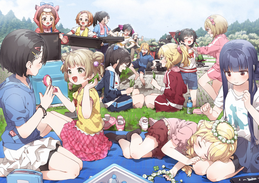 2boys, 6+girls, :d, ^_^, akagi_miria, animal_costume, barefoot, bike_shorts