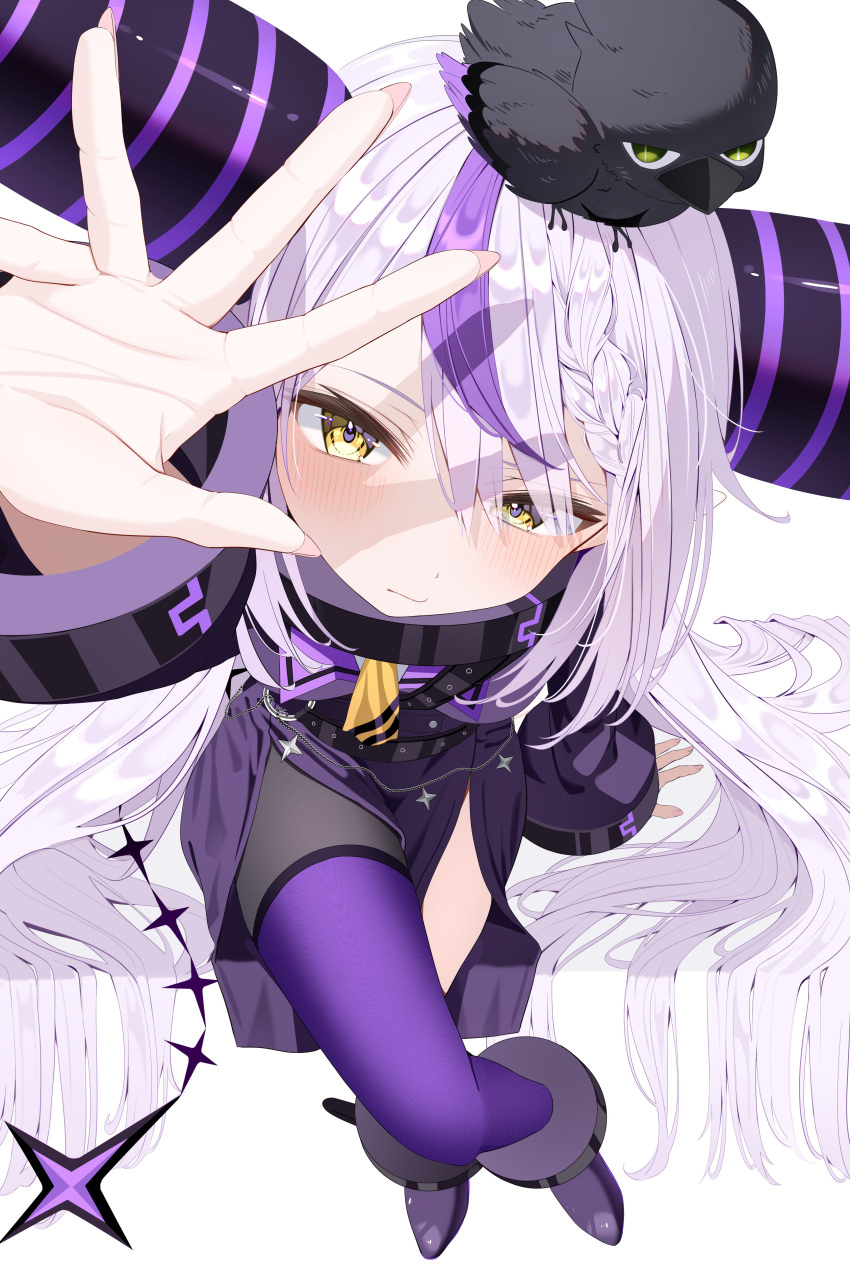 1girl, :|, absurdres, ahoge, animal_on_head, ankle_cuffs, arm_up, bird