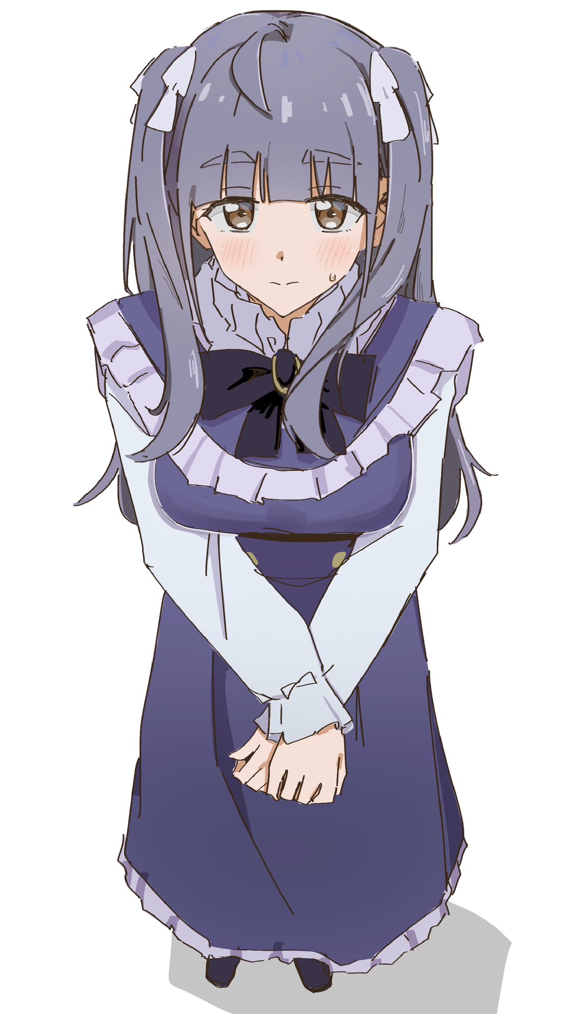 1girl, alternate_hair_color, blue_shirt, blunt_bangs, blush, breasts, brown_eyes, chofu_noriko
