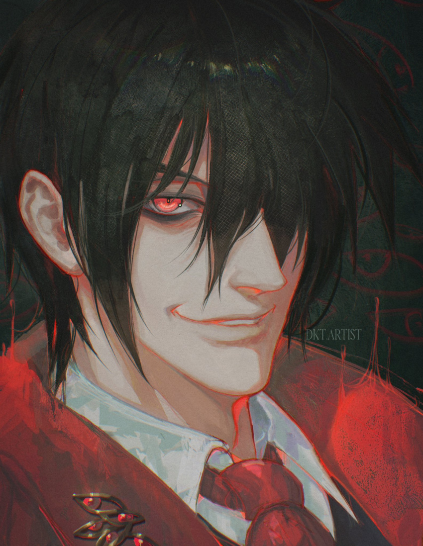 1boy, alucard_(hellsing), artistdkt, black_hair, hair_over_one_eye, hellsing, highres, looking_at_viewer, male_focus, mature_male, necktie, nose, red_eyes, red_necktie, short_hair, simple_background, smile, solo, vampire