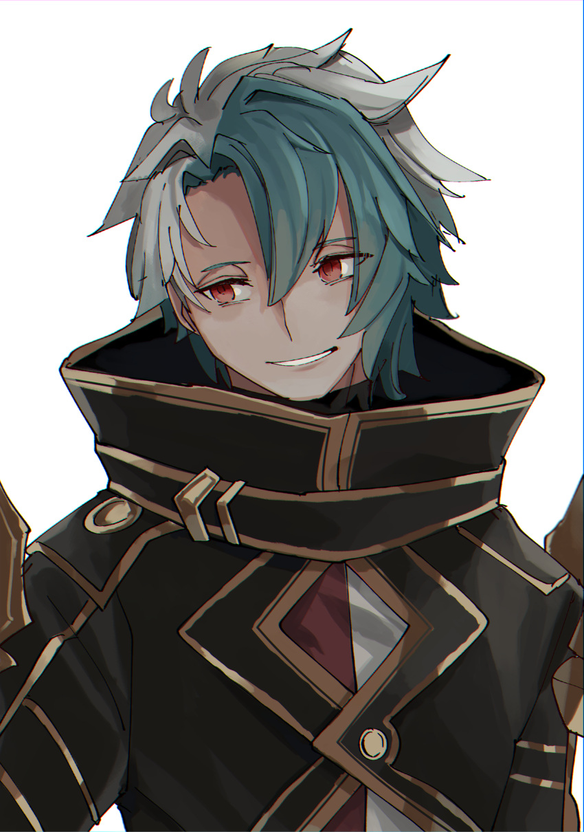 1boy, absurdres, deus_prometheus_(grimms_notes), green_hair, grimms_notes, grin, highres, looking_to_the_side, male_focus, mamama57shedo, multicolored_hair, no_mask, red_eyes, simple_background, smile, solo, teeth, two-tone_hair, white_background, white_hair