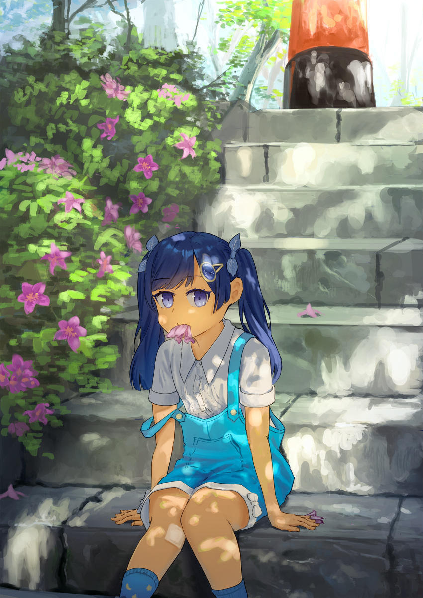 1girl, arm_at_side, azalea_(flower), blue_eyes, blue_hair, blue_overalls, blue_socks, bow, bush, cevio, collared_shirt, commentary, dappled_sunlight, feet_out_of_frame, flower, futaba_kominato, futaba_minato, gauze, gauze_on_knee, hair_ornament, highres, jewelry, kneehighs, leaf_hair_ornament, long_hair, looking_at_viewer, mouth_hold, outdoors, overall_shorts, overalls, petrasche_(kunio_miracle), print_socks, shirt, short_sleeves, sitting, sitting_on_stairs, socks, solo, stairs, stone_stairs, sunlight, swept_bangs, tree, twintails, white_bow, white_shirt