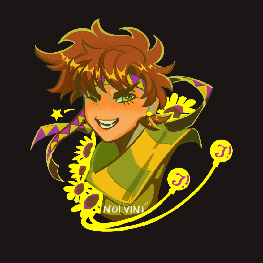 1boy, battle_tendency, black_background, brown_hair, clacker, commentary, cropped_shoulders, english_commentary