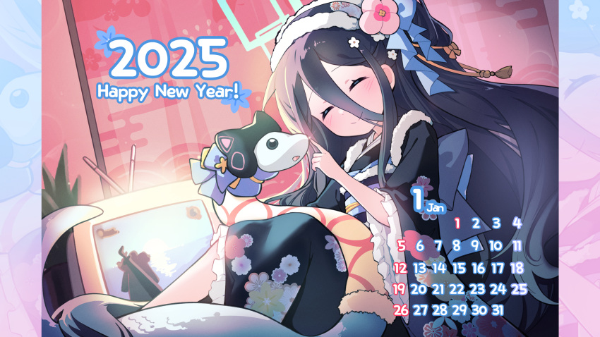 2025, aris_(blue_archive), blue_archive, blush, closed_eyes, game_development_department_(blue_archive), hair_between_eyes, hair_ornament, highres, kurana_(atlas), smile, stuffed_toy, television