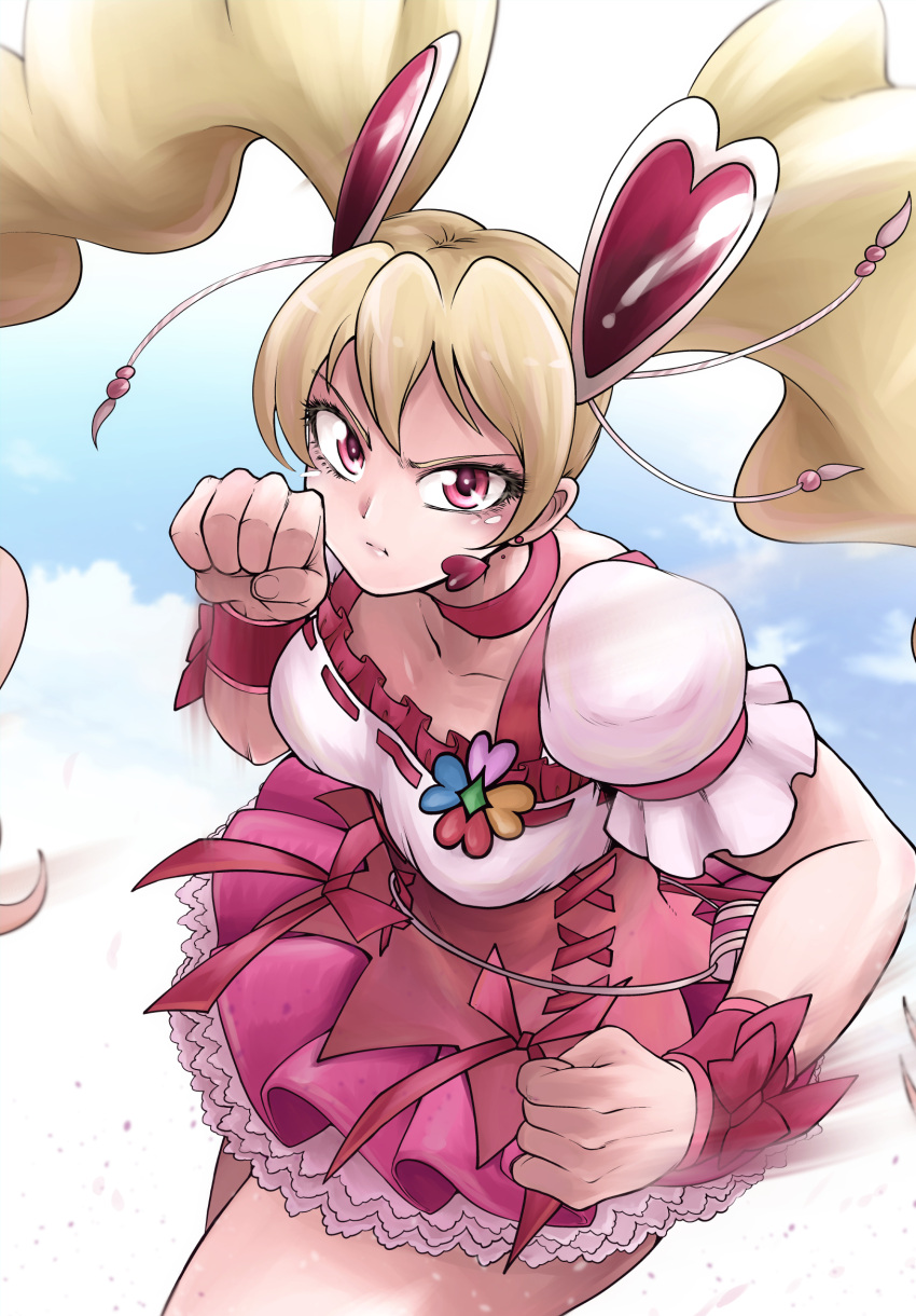 1girl, blonde_hair, bow, breasts, brooch, choker, clenched_hands, closed_mouth, clover_brooch, collarbone, commentary, cropped_legs, cure_peach, day, dress, earrings, fresh_precure!, frilled_dress, frills, hair_ornament, heart, heart_earrings, heart_hair_ornament, highres, jewelry, kinugosiko, long_hair, magical_girl, medium_breasts, momozono_love, outdoors, pink_bow, pink_choker, pink_dress, pink_eyes, pout, precure, puffy_short_sleeves, puffy_sleeves, punching, short_sleeves, solo, thighs, twintails, two-tone_dress, v-shaped_eyebrows, white_dress, wrist_cuffs