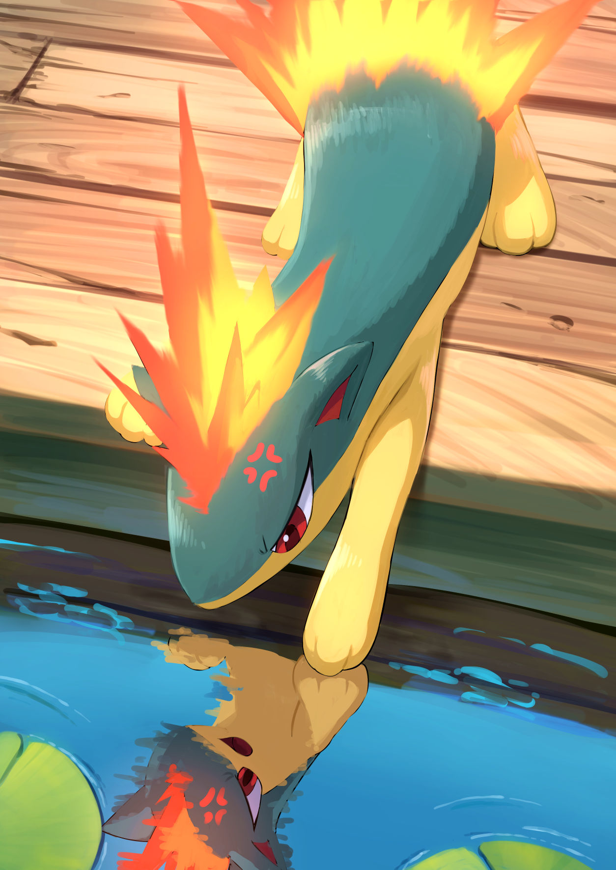 anger_vein, angry, commentary, fire, full_body, highres, karamimame, lily_pad