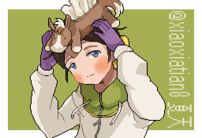 1girl, arms_up, blue_eyes, blush, bow, brown_hair, coat, gloves