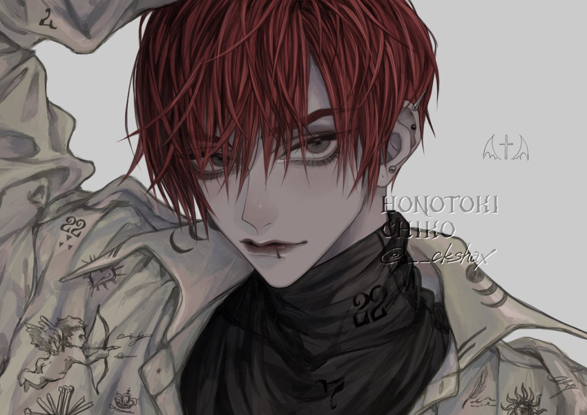 1boy, black_sleeves, ckshax, closed_mouth, ear_piercing, earrings, eyes_visible_through_hair, green_eyes, grey_background, grey_shirt, hair_over_one_eye, highres, jewelry, looking_at_viewer, male_focus, mouth_piercing, original, piercing, red_hair, shirt, short_hair, signature, simple_background, solo, upper_body