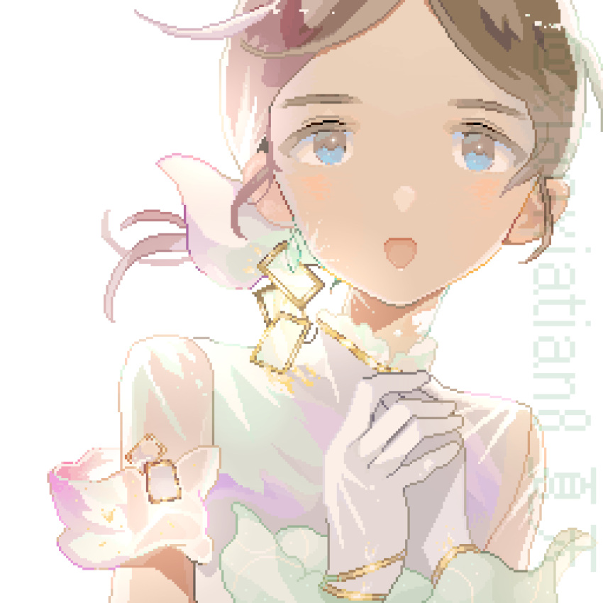1girl, :d, artist_name, blue_eyes, bow, brown_hair, earrings, glint