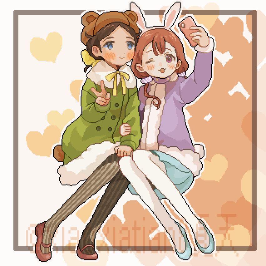 2girls, ;p, animal_ear_headwear, animal_ears, arm_up, blue_eyes, blue_shoes, blue_skirt