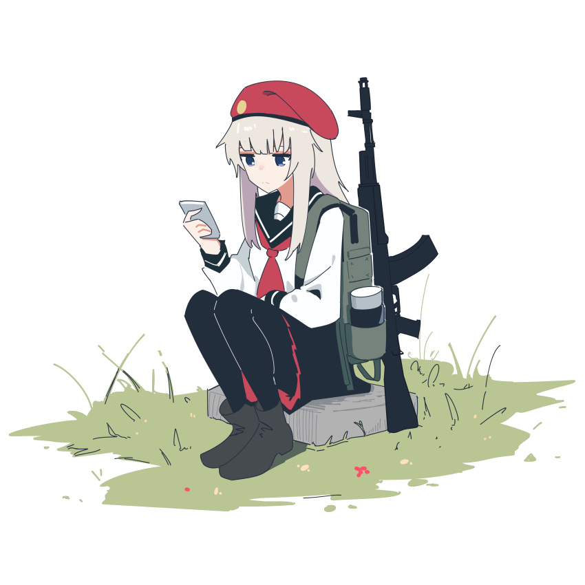1girl, absurdres, ak-74m, ak74m_(girls'_frontline), alternate_costume, assault_rifle, backpack, bag