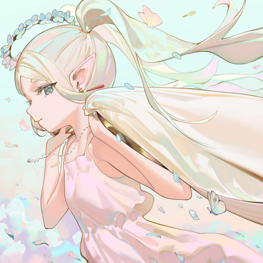 1girl, absurdres, bug, butterfly, cape, closed_mouth, commentary, dress