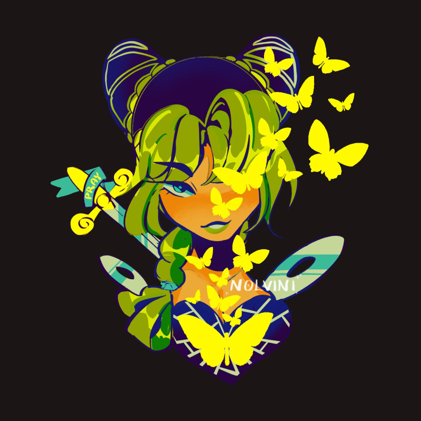 1girl, black_background, blue_eyes, blue_hair, braid, braided_ponytail, bug, butterfly