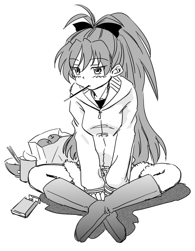 apple, bag, boots, casual, crossed_legs, cutoffs, food, fruit