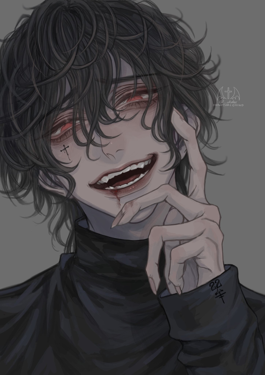 1boy, black_sleeves, blood, blood_from_mouth, brown_hair, ckshax, curly_hair, facial_tattoo