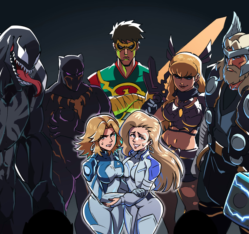 avengers_(series), beard, black_panther_(marvel), blonde_hair, blue_bodysuit, blue_eyes, bodysuit, breasts, dagger_(marvel), earrings, facial_hair, fantastic_four, highres, iron_fist_(marvel), jewelry, large_breasts, long_hair, looking_at_viewer, magik_(x-men), marvel, marvel_rivals, mjolnir_(marvel), multicolored_bodysuit, pantyhose, sharp_teeth, smile, spider-man_(series), sue_storm, superhero_costume, sword, symbiote, teeth, thor_(marvel), tina_fate, tongue, torn_clothes, torn_pantyhose, two-tone_bodysuit, venom_(marvel), weapon, white_bodysuit, x-men