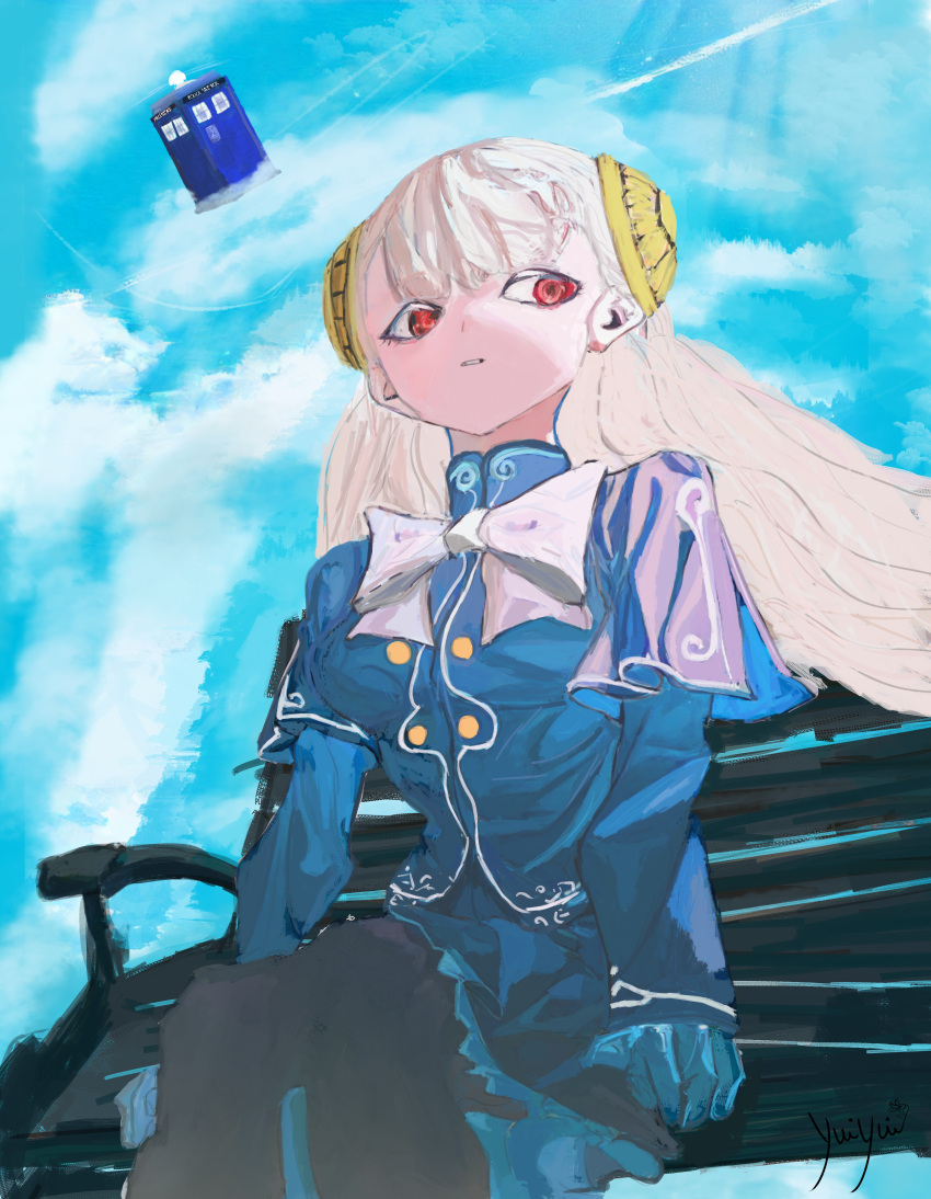 1girl, absurdres, bench, black_pantyhose, bow, bowtie, capcom_fighting_jam, center-flap_bangs