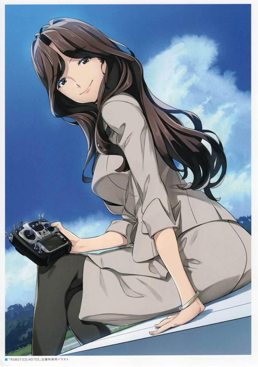 absurdres, black_pantyhose, blue_sky, bracelet, breasts, brown_eyes, brown_hair, brown_jacket