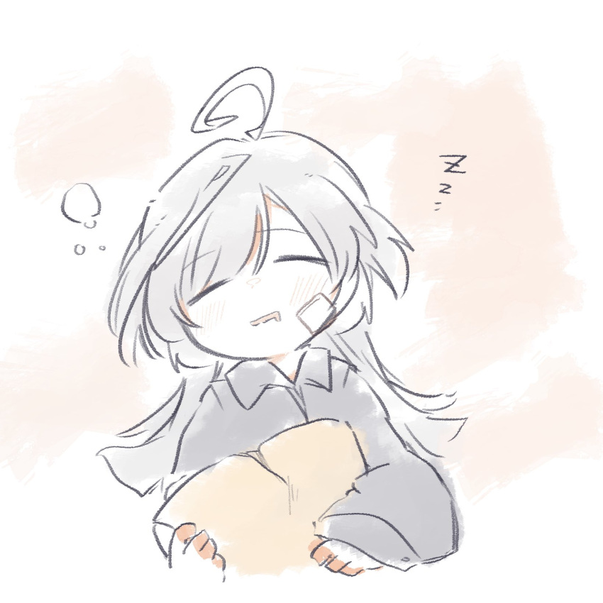 1girl, ahoge, assault_lily, blush, closed_eyes, collared_shirt, commentary_request, cropped_torso, drooling, facing_viewer, gauze, gauze_on_cheek, grey_hair, grey_shirt, hands_up, highres, holding, holding_pillow, long_hair, long_sleeves, mouth_drool, orange_background, parted_lips, pillow, sasaki_ran, shirt, sleeping, sleeves_past_wrists, solo, squeans, toyo_(sameden46), two-tone_background, upper_body, white_background, zzz
