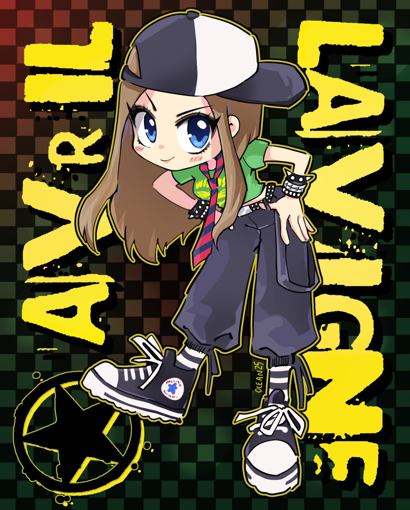 1girl, 2000s_(style), animification, avril_lavigne, baseball_cap, belt, black_belt, black_pants, black_shoes, blonde_hair, blue_eyes, bracelet, character_name, commentary, english_commentary, english_text, fashion, green_shirt, hands_on_own_hips, hat, highres, jewelry, long_hair, necktie, oceaninspace, pants, punk, real_life, shirt, shoes, smile, sneakers, socks, solo, spiked_bracelet, spikes, striped_clothes, striped_necktie, striped_socks, tomboy