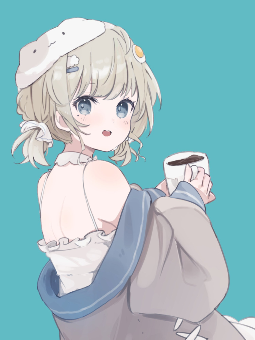 1girl, anya_kumori, aqua_background, blush, coffee_mug, cup, egg_hair_ornament, food-themed_hair_ornament