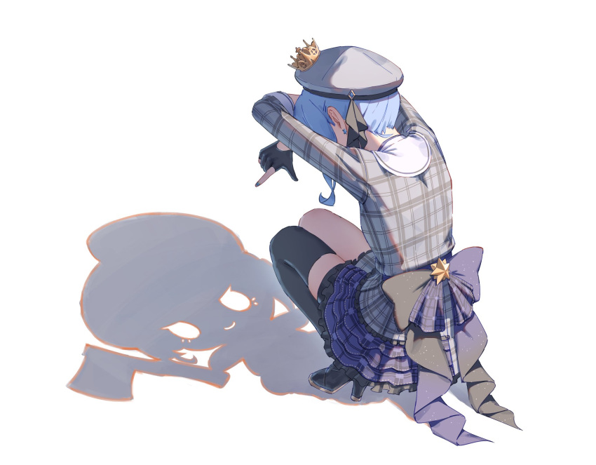black_thighhighs, blue_hair, different_shadow, full_body, grey_hat, grey_jacket, grey_skirt, hat